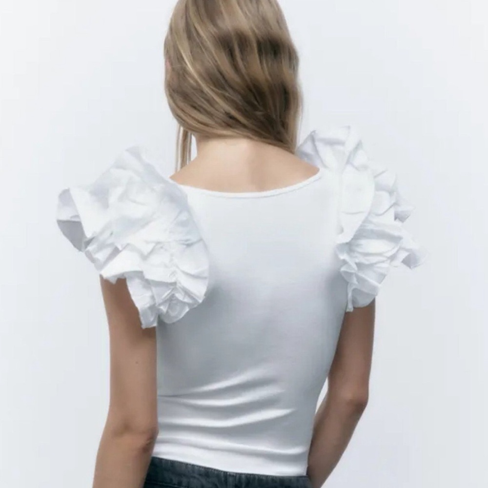 NWOT ZARA Ribbed Dramatic Layered Ruffle Sleeve Bodysuit - White - Sz M - Picture 4 of 8